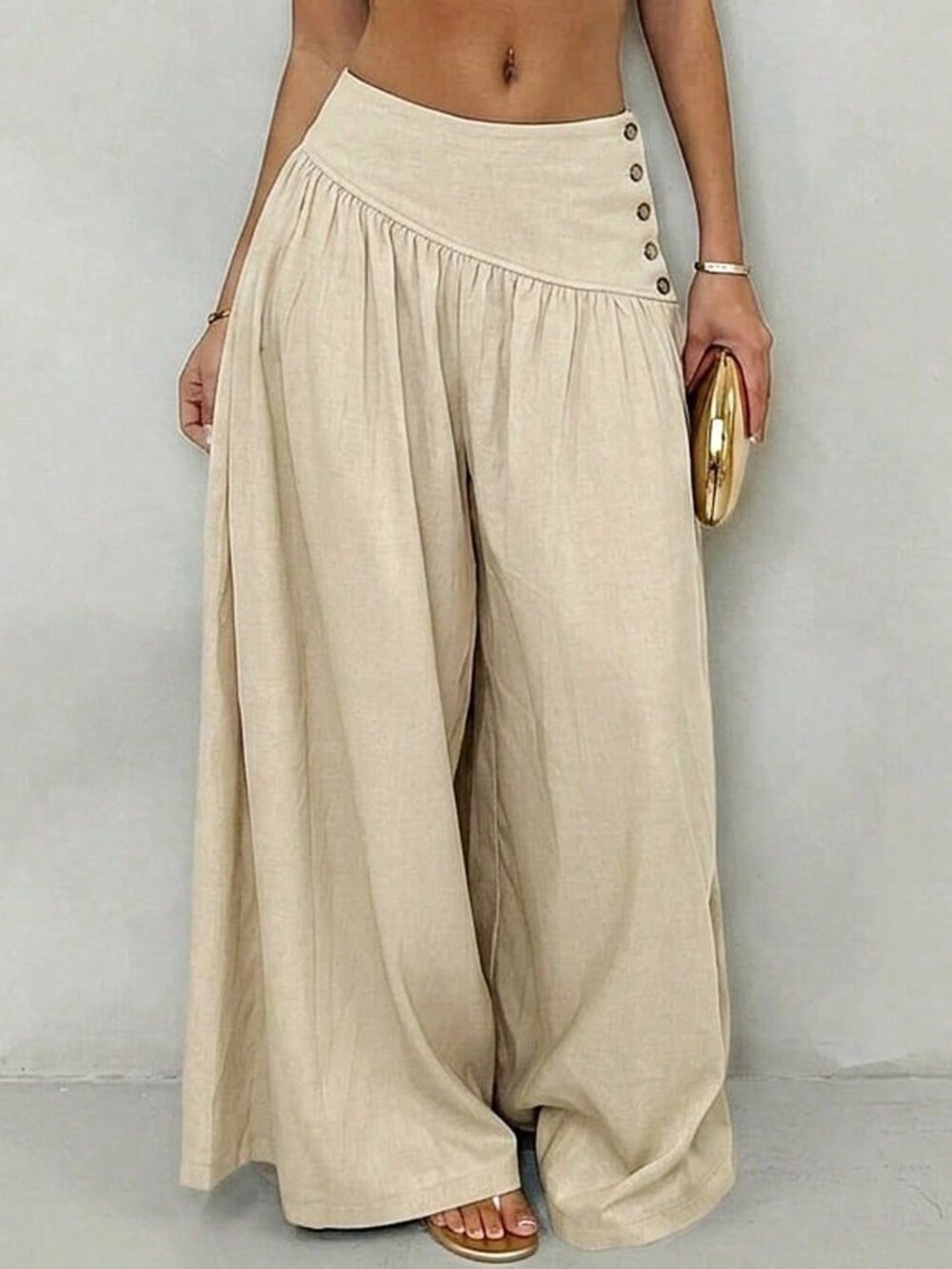 Apricot Casual Minimalist Women's Woven Asymmetrical Waist Wide Leg Pants